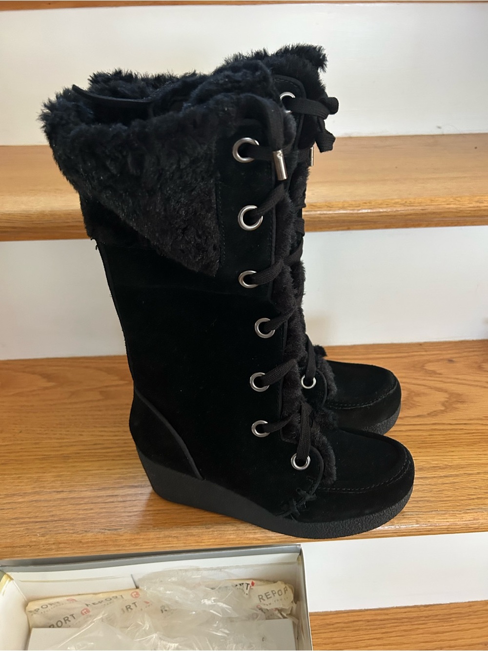 Report “Emory” Genuine Suede Black Lace-Up Faux Fur Wedge Boots NWT